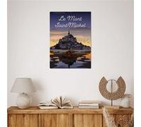 Tableau sur verre synthétique illustration Mont-Saint-Michel sunset 65x97 cm CEANOTHE Décoration Murale Art Décoratif Muraux Peinture Imprimée en HD Salon Chambre Bureau Fabriqué en France Violet G