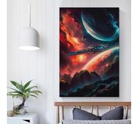 Tableau surréaliste représentant un vaisseau spatial, prêt à être accroché, idéal pour décorer les murs de votre maison, salle de bain, toilettes ou salon. Dimensions : 30 x 45 cm (12 x 18 pouces).