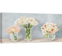 Tableau toile avec fleurs, couleurs pastel - Remy Dellal, Fleurs et Vases Aquamarine - 70x35 cm