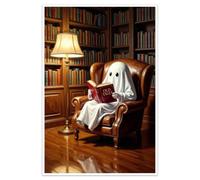Tableau Toile Fantôme Mignon Qui Lit Dans Une Bibliothèque Poster | Art Mural Original de Lecture, Décoration Intérieure Cosy pour Bureau, Ungerahmt 40x60cm