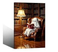 Tableau Toile Fantôme Mignon Qui Lit Dans Une Bibliothèque Poster | Art Mural Original de Lecture, Décoration Intérieure Cosy pour Bureau, 60x90cm