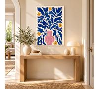 Tableau Toile Fleurs Jaunes et Feuillage Bleu Cobalt dans un Vase Rose Style Moderne Sans Cadre Affiche Murale Décoration Murale pour Salon Chambre Bureau Entrée, Toile de 60x90cm