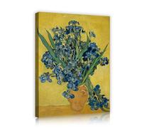 Tableau toile iris bleus, motif jaune impressionniste 50x60cm | Fleurs vintage dans un vase en grès, reproduction artistique encadrée pour hôtel ou chevet