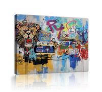 Tableau toile lion rugissant graffiti coloré 80x100cm | Affiche pop art rétro abstraite rue encadrée avec des images modernes d’animaux pour le cadre intérieur du salon chambre