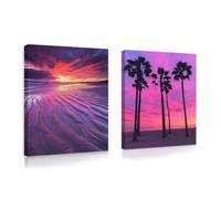 Tableau Toile Océan Violet Crépuscule Paysage Marin 20x30cmx2 | 2 Pièces Impression Coucher de Soleil Rose Vif, Silhouette de Palmier, Sable Côtier, Poster Toile Encadré pour Chambre