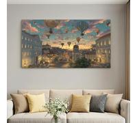 Tableau Toile Sans cadre Village Montgolfière Soleil Couchant 120 x 80 cm | Tableau Toile Dessin Animé Architecture Décoration, pour Salon, chambre, couloir et salle à manger, 120 x 80 cm