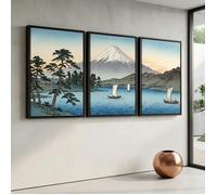 Tableau toile triptyque Mont Fuji-Décoration murale japonaise paysage lac et bateaux-cadre flottant noir