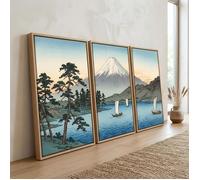 Tableau toile triptyque Mont Fuji-Décoration murale japonaise paysage lac et bateaux-cadre flottant
