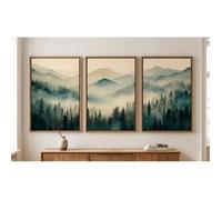 Tableau toile triptyque montagne brumeuse - Décoration murale paysage forêt zen-cadre flottant