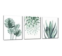 Tableau vert,Décoration murale avec feuilles,Décoration murale pour salle de bain,Art nature,Peinture simple,Cadre 3 panneaux