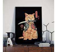 Tableaux Art Mural Japonais Samouraï Chat Ramen Nostalgie Décor - HD Qualité Dessin Animé Peinture Animaux Affiches Toile Peinture Impressions Peintures Murales - 40x60cm