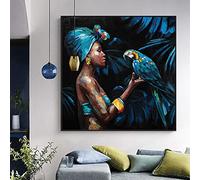 Tableaux de décoration d'œuvres d'art modernes femme africaine jouer au perroquet impressions sur toile art mural photos abstraites décor de salon 50x50cm (20x20in) sans cadre