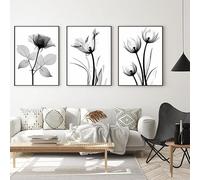 Tableaux décoratifs modernes en noir et blanc, motif papillon plume noir et blanc, pissenlit et fleurs, tableau décoratif mural sur toile imprimée, sans cadre (A 10,30 x 40 cm x 3)