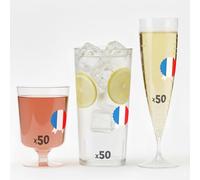 Table'Colors 150 Verres Réutilisables et Recyclables - 50 Flûtes Champagne 13,5 cl + 50 gobelets Cocktails 30 cl + 50 Verres à Vin 17 abriqué en France, Lavable - Qualité Supérieure et Durable