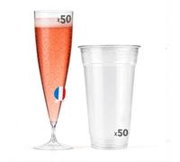Table'Colors Pack Réception 100 Pièces - 50 Flûtes Champagne Cristal Luxe 13,5 cl Réutilisables + 50 Pots RPET Recyclé Transparent 25/30 cl, Verrines, Desserts, Salades