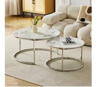 Tables basses gigognes MILA - Verre trempé effet marbre blanc et métal argenté