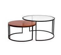 Tables basses gigognes rondes verre trempé, bois manguier massif teinté et métal noir (lot de 2) TAHL