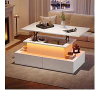 Tables Basses Relevables design Brillant avec LED et 4 Tiroirs, Meuble de Salon Fonctionnel et Élégant 90x55x41 cm - Blanc