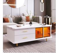 Tables basses salon blanche, Avec porte en verre trempé, Motif marbre, LED réglable, Table d'appoint, Meuble de salon