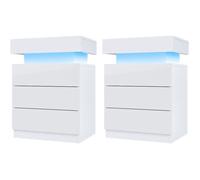 Tables de chevet blanche avec 3 tiroirs - 35x45x60cm - Table d'appoint haute brillance Éclairage LED pour chambre/salon - Lot de 2