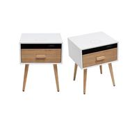 Tables de chevet connectées multimédia blanc mat et bois clair massif (lot de 2) PAVAN