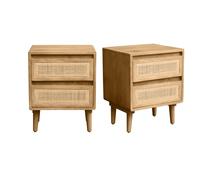 Tables de chevet en bois manguier massif et cannage rotin avec rangements 2 tiroirs (lot de 2) ACANGE
