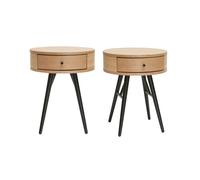 Tables de chevet rondes avec tiroir bois clair et métal noir (lot de 2) KORAL
