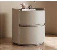 Tables de chevet , Table de chevet en bois massif avec finition en cuir de selle, table de nuit moderne for chambre à coucher, table de chevet ronde, petite commode avec 2 tiroirs(Khaki,45cm/17.7in)