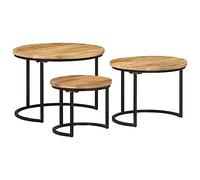 Tables encastrables 3 pièces en bois massif de manguier avec structure | Bois de manguier massif, structure en fer noir, empilable, utilisation polyvalente comme table de chevet ou meuble d'appoint