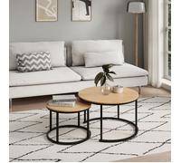 Tables gigognes style loft - Lot de 2 tables basses - Plateau rond aspect bois - Tables de salon - Structure métal - Chêne clair