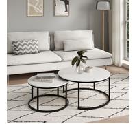 Tables gigognes style loft - Lot de 2 tables basses - Plateau rond - Tables de salon - Structure métal noir - Plateau blanc