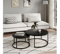 Tables gigognes style loft - Lot de 2 tables basses - Plateau rond - Tables de salon - Structure métal noir - Plateau noir