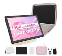 Tablette 10'' Android 14 Octa-Core, 14Go RAM+64Go ROM Extensible à 1 To, 1280x800 HD, Caméra 5MP+8MP, Wi-Fi 6 BT 5.3, AI Cloud Album, avec Haut-Parleur Dock de Chargement et Sacoche d'ordinateur Rose