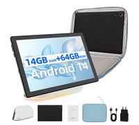 Tablette 10" Android 14 Octa-Core, 14Go RAM+64Go ROM Extensible à 1 To, 1280x800 HD, Caméra 5MP+8MP, Wi-Fi 6 BT 5.3, AI Cloud Album, avec Haut-Parleur Dock de Chargement et Sacoche d'ordinateur Bleu