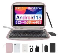 Tablette 10’’ Android 15 avec Stylet Clavier Souris Bluetooth Sac d'ordinateur, Dual Speaker 5000mAh, 20+64Go, HD 1280x800, Argent