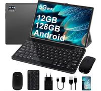 Tablette 10 Pouces Android, 128Go ROM, 8000mAh, avec Clavier & Souris -Noir | Écran 2.5D, Processeur 2,0GHz, TF jusqu'à 1To, WiFi Double Bande, Bluetooth 5.0, Métal, Étui Inclus