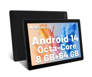 Tablette 10 Pouces Android 14 Octa-Core 8 Go RAM 64 Go ROM 1 To TF Extension 1280x800 IPS Écran aTablette PC WiFi 6 Bluetooth 5.3 Widevine L1 Double caméra Haut-parleurs 5000mAh, Noir