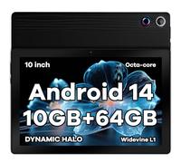 Tablette 10 Pouces Android 14 Tablette Octa-Core Tablette, Widevine L1 10 Go + 64 Go + 1 to TF, WiFi 6 BT 5.3 Batterie 5000 mAh, Transmission OTG, Déverrouillage du Visage, Prise Casque Type C (Noir)