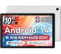 Tablette 10 Pouces,Android 14 Tablette Processeur Octa-Core,8Gb+64Gb(Tf 1Tb),1280X800 Hd Ips Wi-Fi 6 /Widevine L1/5000Mah/Double Caméra/Identification Faciale Tablettes Pc (Blanc)