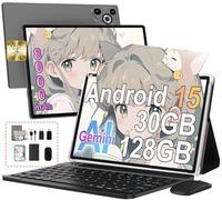 Tablette 10 Pouces Android 15, 30Go RAM+128Go ROM,8000mAh,avec Clavier-Gris | Écran IPS HD, Octa-Core, TF 2To extensible, WiFi 6, Métal, Face ID, Widevine L1, Souris & Étui inclus