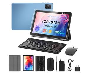 Tablette 10 Pouces avec Clavier : Android 15 7000 mAh Octa-Core 8 Go + 64 Go 1 to TF Tablette PC - WiFi 6 2.4G/5G Bluetooth 5.0 1280 x 800 FHD Double caméra avec Souris, Type C, Adaptateur, étui