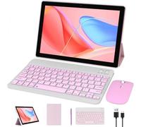 Tablette Android 14 2 en 1 avec clavier 64 Go + 8 Go de RAM, tablettes 10,1", appareil photo 8 MP, batterie 6000 mAh, comprend clavier/souris/étui/stylet/Bluetooth Wifi-6 Tab Rose/Fille Tableta PC