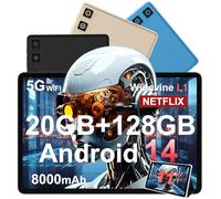 Tablette Android 14 avec Widevine L1, 13MP+5MP, 8000 mAh + Charge Rapide 18 W, Tablette Tactile 11 Pouces avec 20 Go RAM + 128 Go ROM (Extensible 1 To), 5G Wi-Fi, GPS, Octa-Core 2.0 GHz, Face ID, Noir
