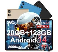 Tablette Android 14 avec Widevine L1, 13MP+5MP, 8000 mAh + Charge Rapide 18 W, Tablette Tactile 11 Pouces avec 20 Go RAM + 128 Go ROM (Extensible 1 To), 5G Wi-Fi, GPS, Octa-Core 2.0 GHz, Face ID, Or