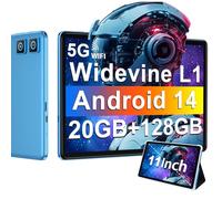Tablette Android 14 avec Widevine L1, 13MP+5MP, 8000 mAh + Charge Rapide 18 W, Tablette Tactile 11 Pouces avec 20 Go RAM + 128 Go ROM (Extensible 1 To), 5G Wi-Fi, GPS, Octa-Core 2.0 GHz, Face ID, Bleu