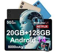 Tablette Android 14 avec Widevine L1, 13MP+5MP, 8000 mAh + Charge Rapide 18 W, Tablette Tactile 11 Pouces avec 20 Go RAM + 128 Go ROM (Extensible 1 To), 5G Wi-Fi, GPS, Octa-Core 2.0 GHz, Face ID, Noir