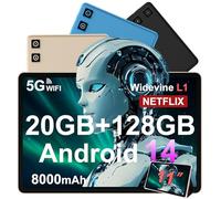 Tablette Android 14 avec Widevine L1, 13MP+5MP, 8000 mAh + Charge Rapide 18 W, Tablette Tactile 11 Pouces avec 20 Go RAM + 128 Go ROM (Extensible 1 To), 5G Wi-Fi, GPS, Octa-Core 2.0 GHz, Face ID, Or