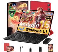 Tablette Android 15 10 Pouces 64Go ROM + 2To TF, Gemini AI, Octa-Core, 1280*800 FHD IPS, Veille Extra Longue, Bluetooth 5.0, 5G WiFi, Widevine L1, 5MP+8MP, Tablette avec clavier+Souris et Cas, Rouge
