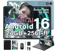 Tablette Android 16 2026 avec clavier, tablette de 10" avec extension de 24 Go + 256 Go + 2 To, tablette PC Gemini AI avec 8 cœurs, Wi-Fi 5G, 8000 mAh, GMS, GPS, tablette 2 en 1 avec étui, souris