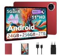 Tablette Android 2026 Gemini AI 11 Pouces Écran IPS HD [24Go RAM] 256Go ROM + 2To Extensible, Flash UFS 2.2, 8000mAh, 8-Cœurs 2.0GHz, 13MP+5MP, WiFi, BT5.0, GPS, Face ID, Widevine L1 GMS - Rouge
